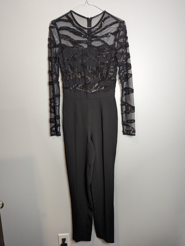 Reiss Women's Black Sequin Jumpsuit Salie Size 0 Sheer Long Sleeve NWT $495 Fit