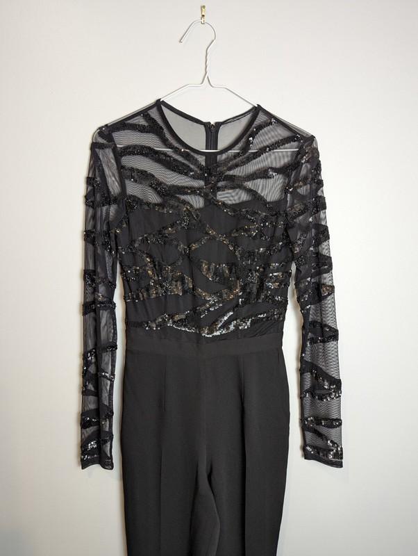Reiss Women's Black Sequin Jumpsuit Salie Size 0 Sheer Long Sleeve NWT $495 Fit