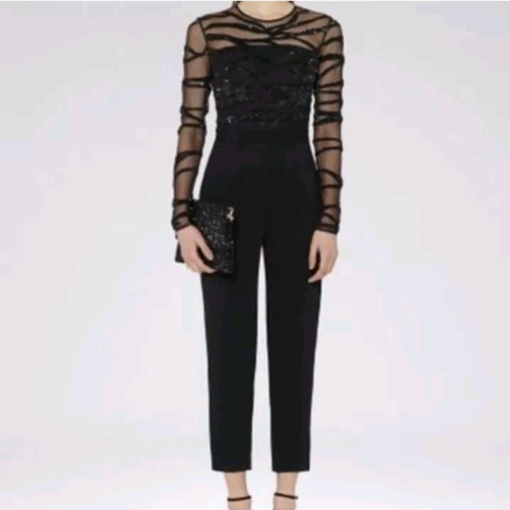 Reiss Women's Black Sequin Jumpsuit Salie Size 0 Sheer Long Sleeve NWT $495 Fit