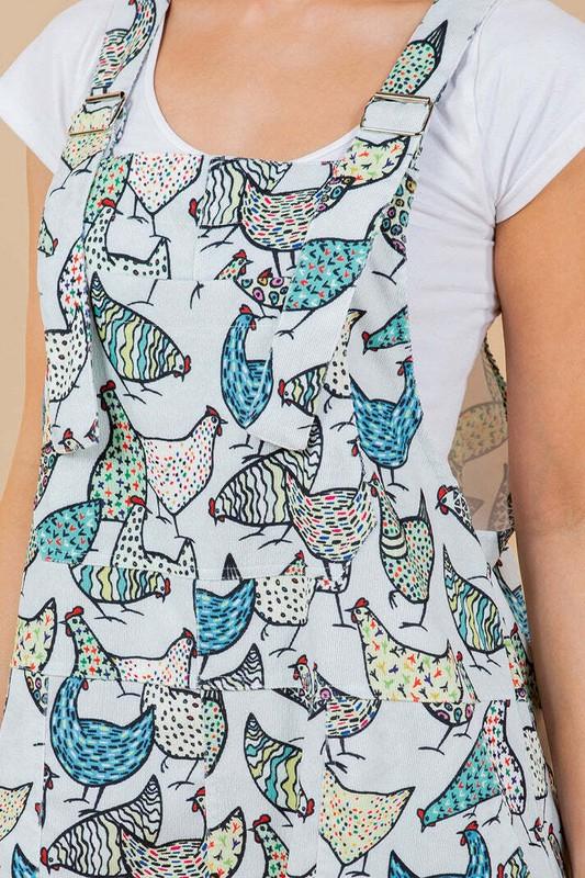 Retro Chicken Print Overall Jumpsuit Farm Country Bib Farmhouse Colorful Comfy