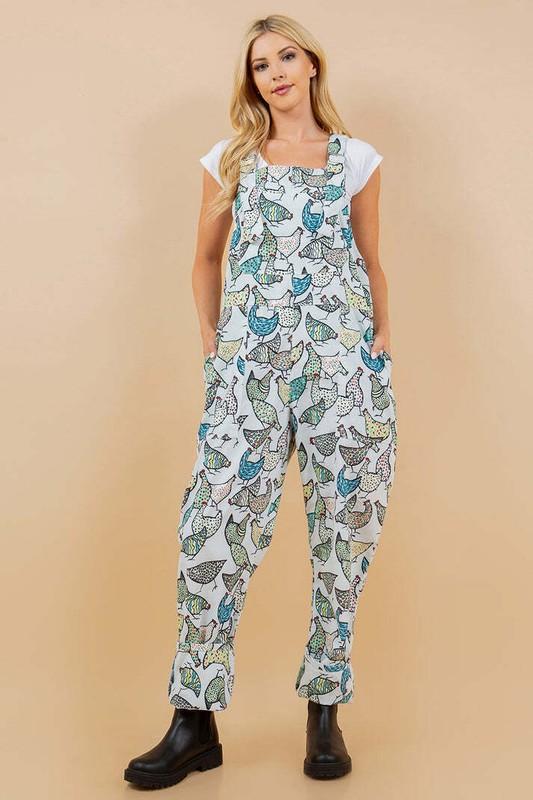 Retro Chicken Print Overall Jumpsuit Farm Country Bib Farmhouse Colorful Comfy