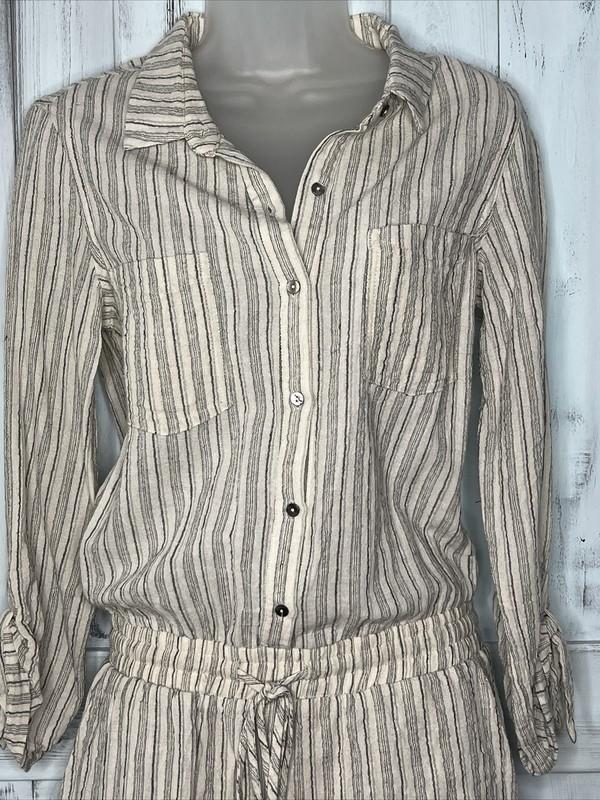 REVOLVE HEARTLOOM OCTAVIA STRIPED LINEN BLEND BUTTON UP AIRY BEACH ROMPER S