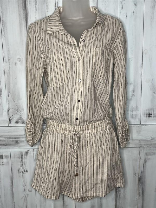 REVOLVE HEARTLOOM OCTAVIA STRIPED LINEN BLEND BUTTON UP AIRY BEACH ROMPER S