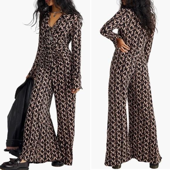 Revolve X Free People Shayla Long Sleeve Wide Leg Jumpsuit In Black Combo Medium
