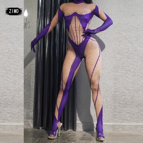 Rhinestones Purple Jumpsuits Women Gloves Jumpsuit Print Birthday Party Pole
