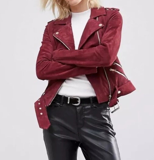 River Island Womens Genuine Suede Biker Moto Jacket Burgundy Size 8