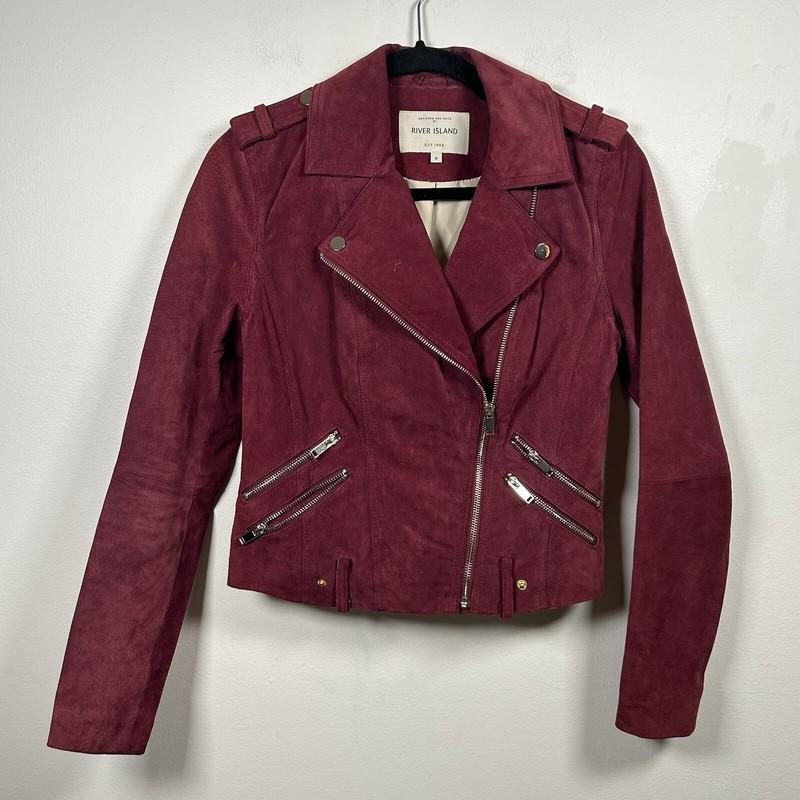 River Island Womens Genuine Suede Biker Moto Jacket Burgundy Size 8