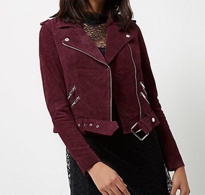 River Island Womens Genuine Suede Biker Moto Jacket Burgundy Size 8