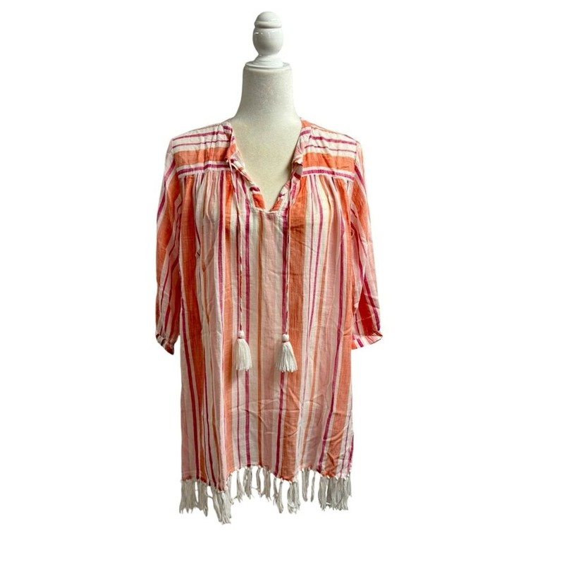 Roller Rabbit Tunic Swim Coverup Stripe Dress Top Tassel Pink Orange White Small