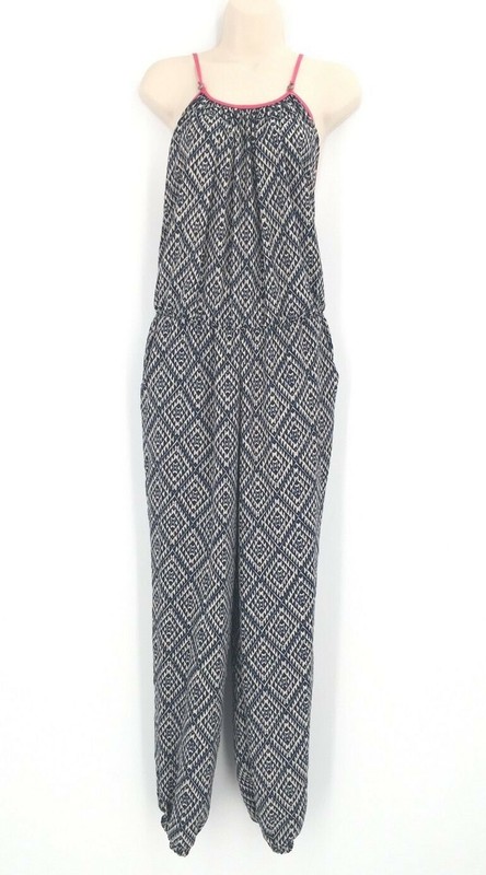Romeo & Juliet Couture Geometric Pattern Navy/Pink Halter Jumpsuit Size Medium