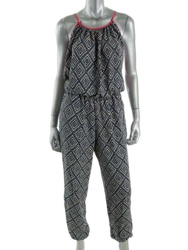 Romeo & Juliet Couture Geometric Pattern Navy/Pink Halter Jumpsuit Size Medium
