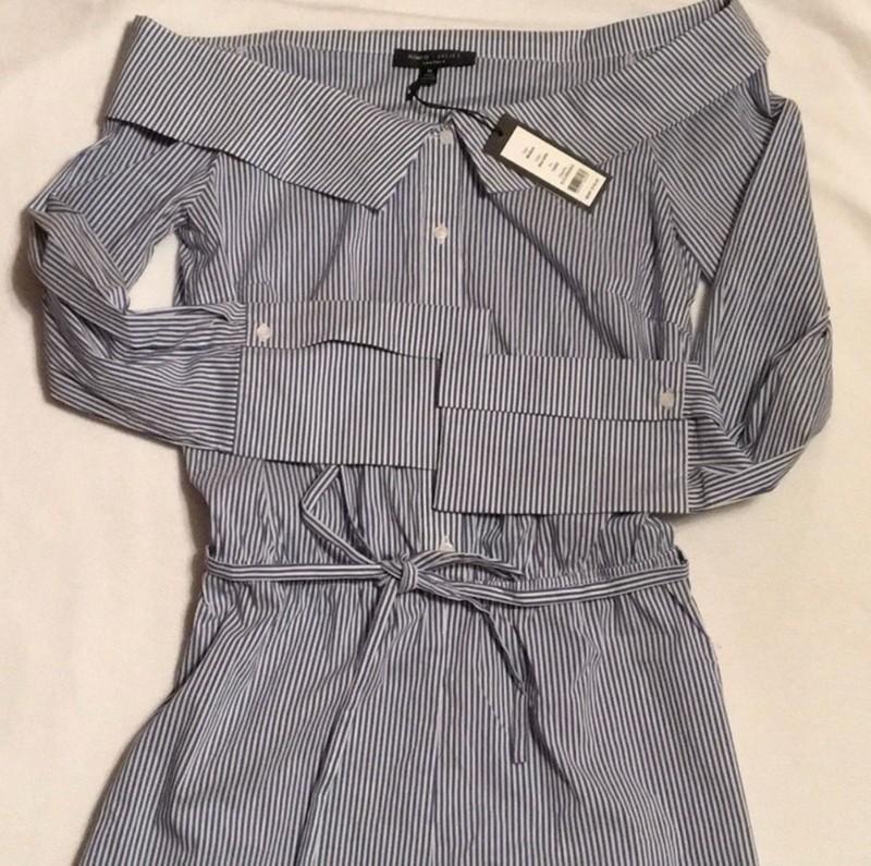 Romeo & Juliet Couture Off-Shoulder Blue Striped Romper Size Medium