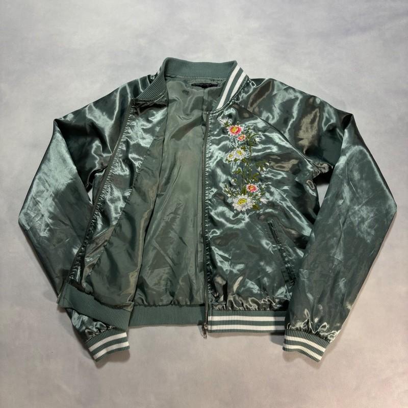 Romeo Juliet Couture Satin Bomber Jacket Womens M Green Floral Embroidered Japan