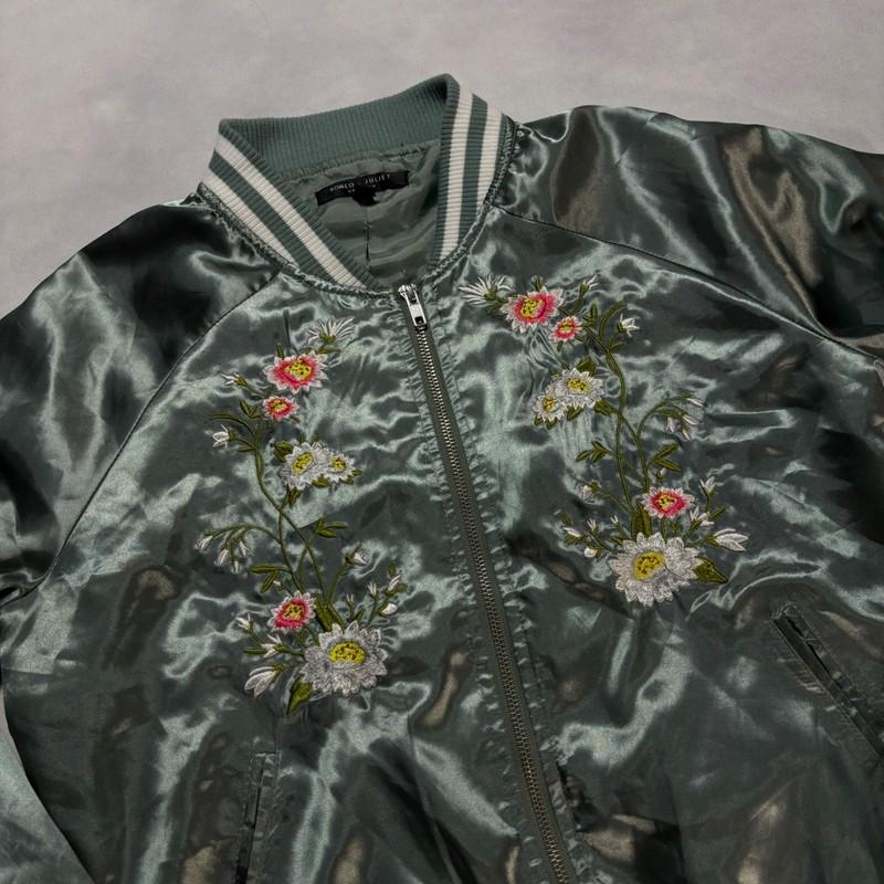 Romeo Juliet Couture Satin Bomber Jacket Womens M Green Floral Embroidered Japan