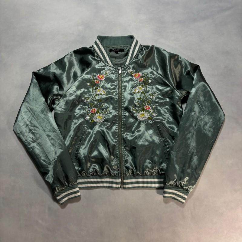 Romeo Juliet Couture Satin Bomber Jacket Womens M Green Floral Embroidered Japan