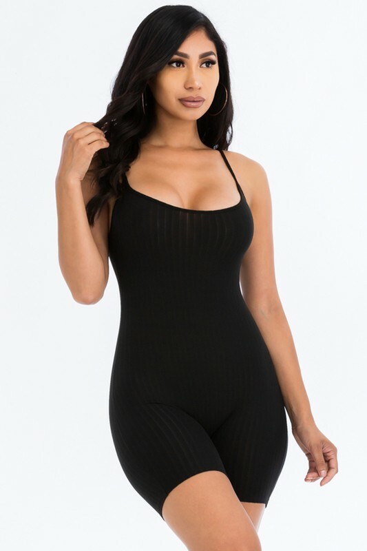 Romper spaghetti strap sleeveless scoop neck & back bodycon ribbed black S-M-L
