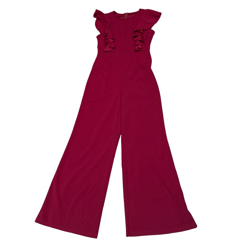 Romwe Women's Medium Red Sleeveless Ruffle Wide Leg High Waist Jumpsuit Feminine