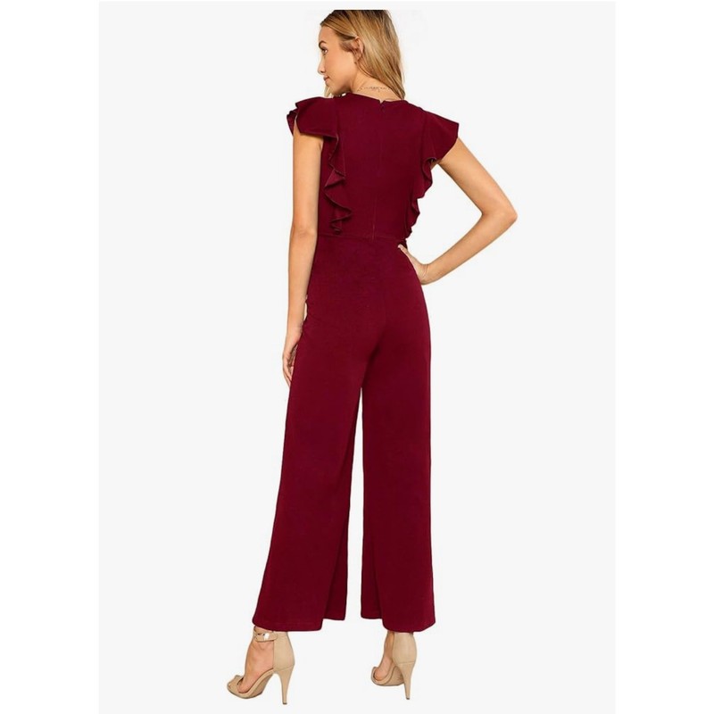 Romwe Women's Medium Red Sleeveless Ruffle Wide Leg High Waist Jumpsuit Feminine