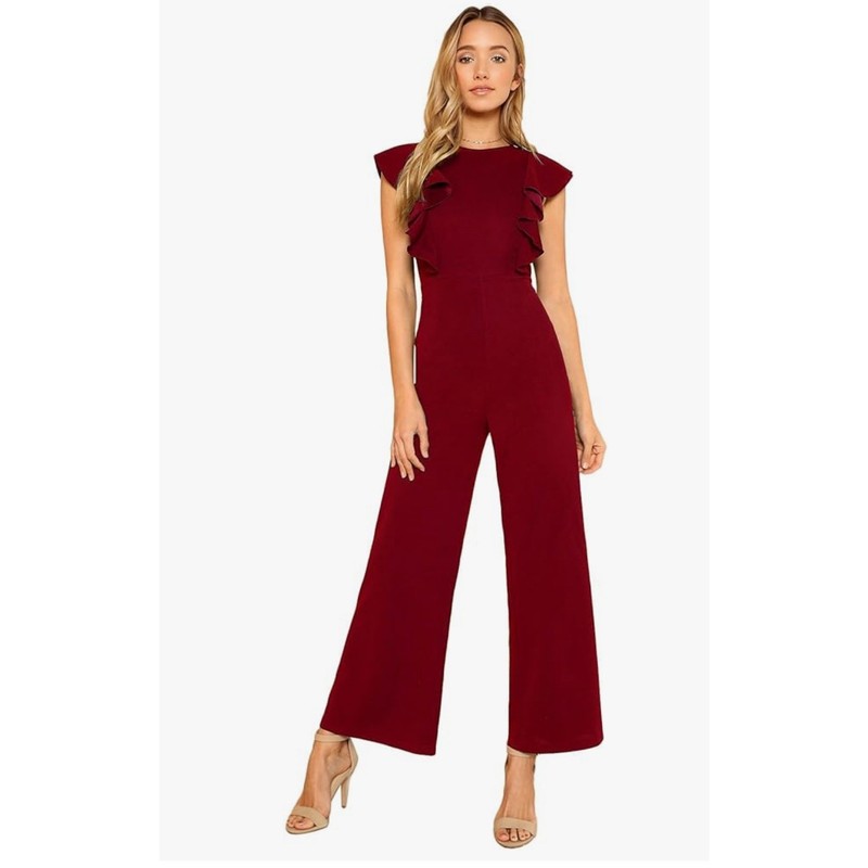 Romwe Women's Medium Red Sleeveless Ruffle Wide Leg High Waist Jumpsuit Feminine