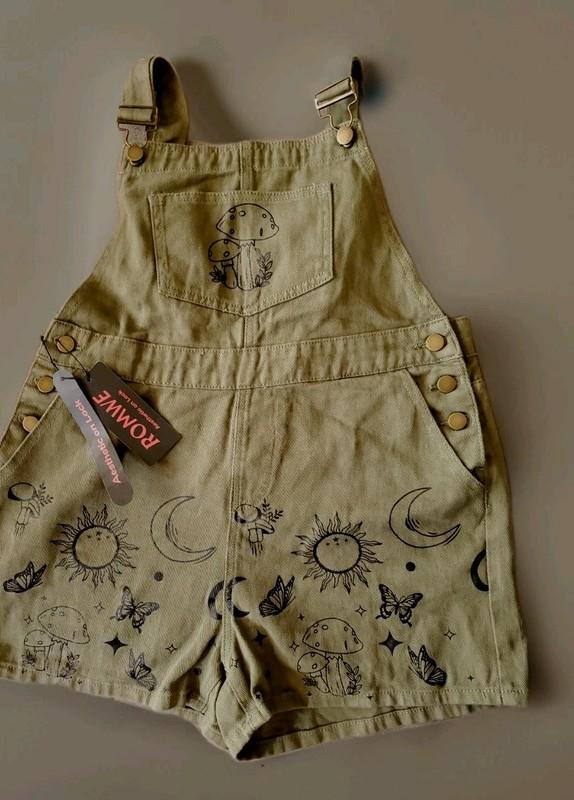Romwe Womens Olive Large Mushroom Celestial Shortalls Cottagecore Fairy Core New
