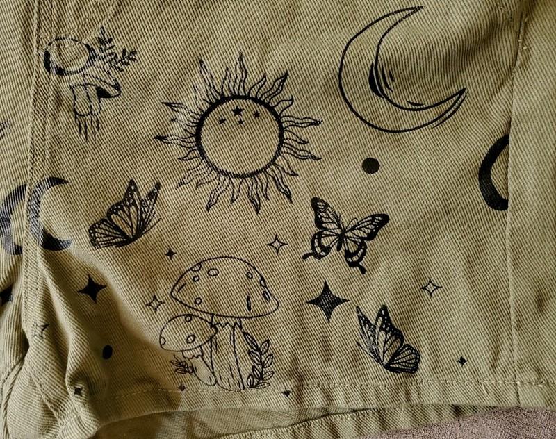 Romwe Womens Olive Large Mushroom Celestial Shortalls Cottagecore Fairy Core New