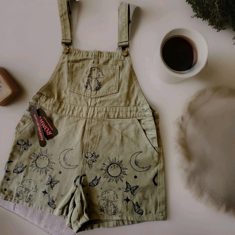 Romwe Womens Olive Large Mushroom Celestial Shortalls Cottagecore Fairy Core New
