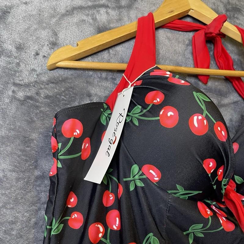 Rose Gal Plus Size 5XL Black With Red Cherries Halter Romper Swimsuit Pinup Girl