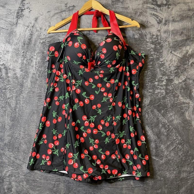 Rose Gal Plus Size 5XL Black with Red Cherries Halter Romper Swimsuit Pinup Girl