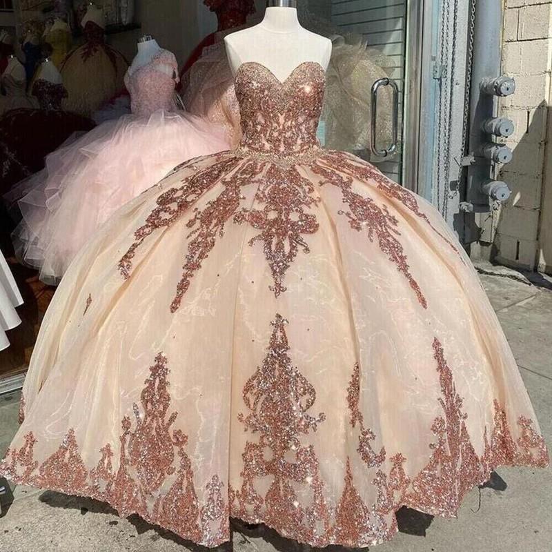 Rose Gold Quinceanera Dresses Organza Sweet 15 16 Dress Prom Party Ball Gowns