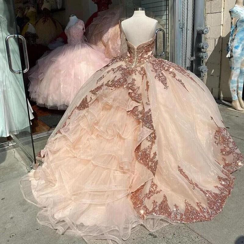 Rose Gold Quinceanera Dresses Organza Sweet 15 16 Dress Prom Party Ball Gowns