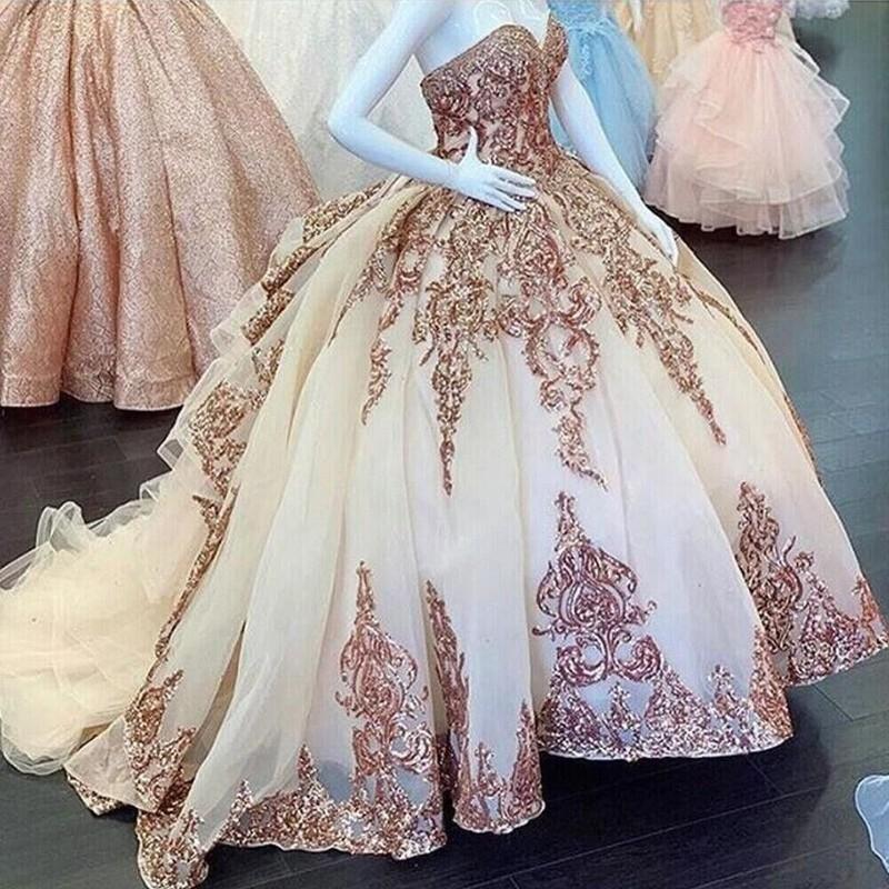 Rose Gold Quinceanera Dresses Organza Sweet 15 16 Dress Prom Party Ball Gowns