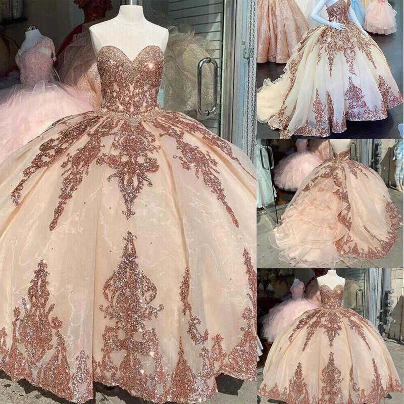 Rose Gold Quinceanera Dresses Organza Sweet 15 16 Dress Prom Party Ball Gowns