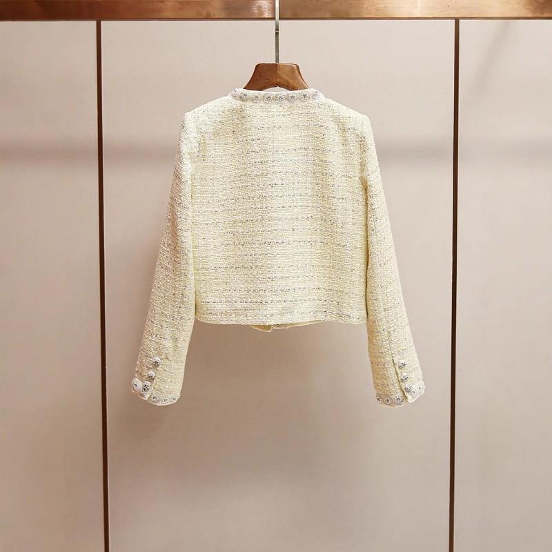 Round Neck Pocket Plaid Rhinestone Short Jacket Women Tweed Coats Fashion Party