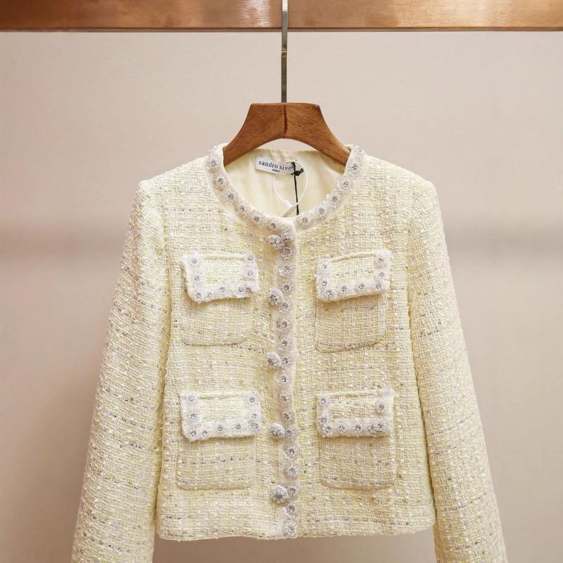 Round Neck Pocket Plaid Rhinestone Short Jacket Women Tweed Coats Fashion Party