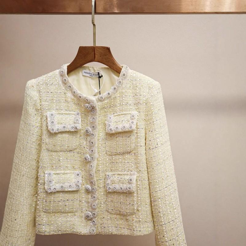 Round Neck Pocket Plaid Rhinestone Short Jacket Women Tweed Coats Fashion Party