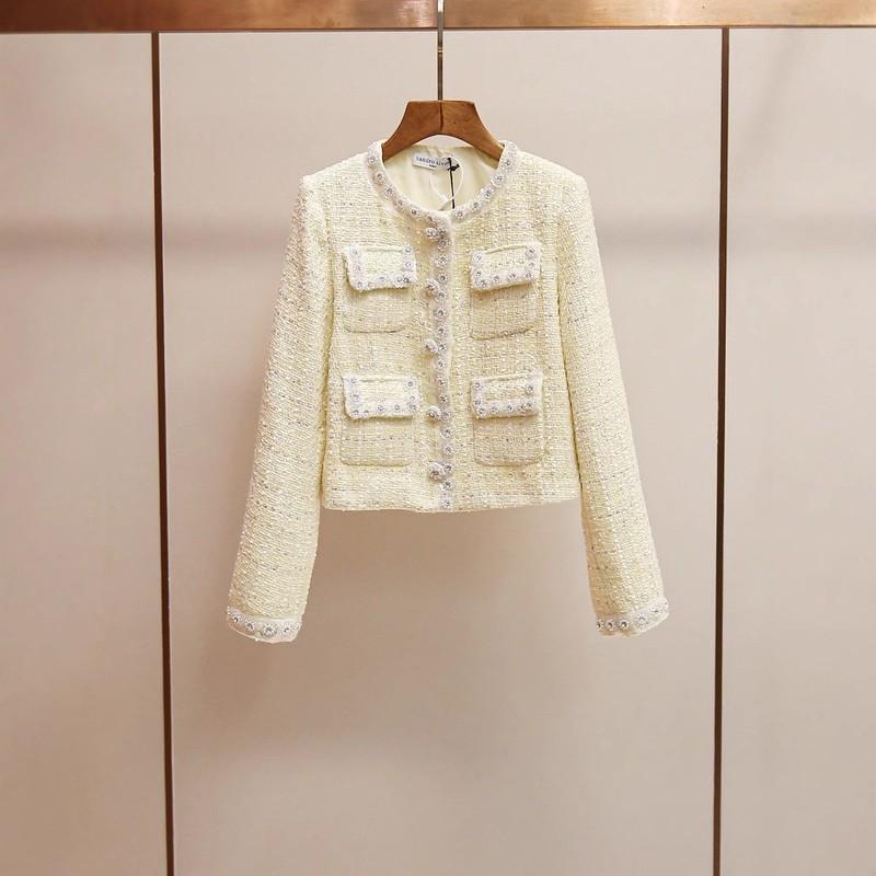 Round Neck Pocket Plaid Rhinestone Short Jacket Women tweed coats fashion party