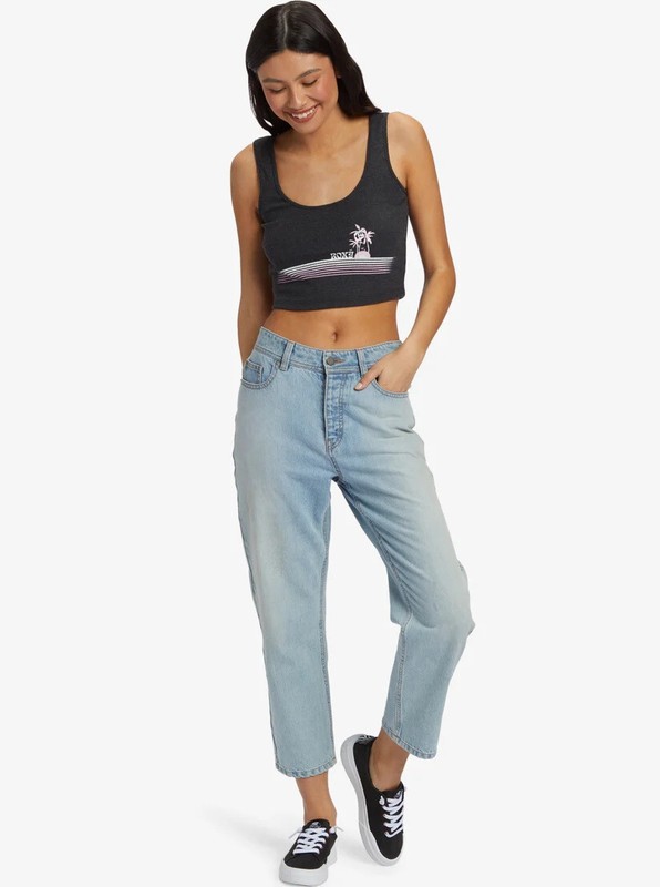 Roxy Women's Sunset Strip Dive In Cropped Ribbed Tank Top Tee T-Shirt In Black