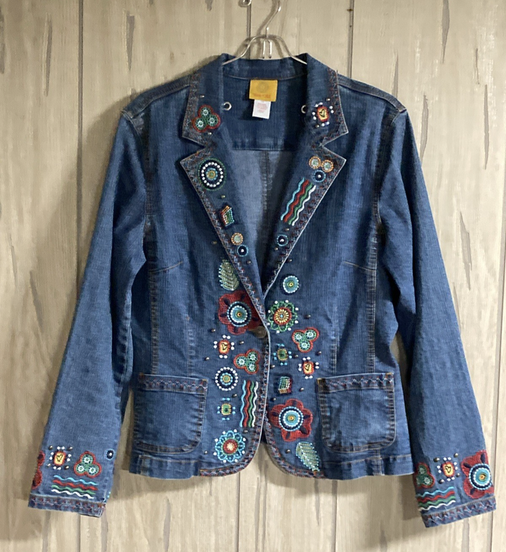 Ruby Rd Women's Jean Jacket/Pant Suit Denim Size 10 Embroidery Pockets Button