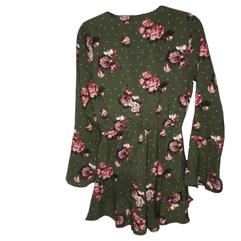 Rue 21 Floral Romper Womens Medium Olive Green Pink Ruffle Bell Sleeve Festival