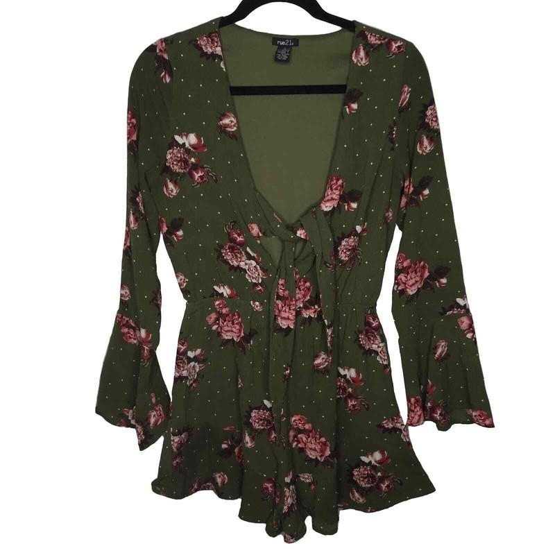 Rue 21 Floral Romper Womens Medium Olive Green Pink Ruffle Bell Sleeve Festival