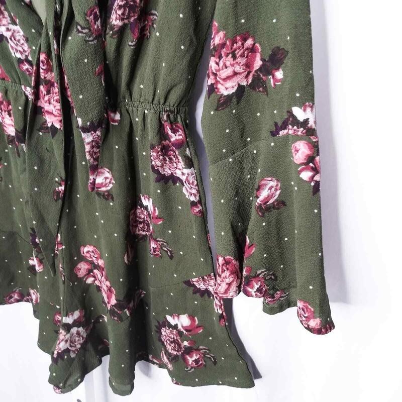 Rue 21 Floral Romper Womens Medium Olive Green Pink Ruffle Bell Sleeve Festival
