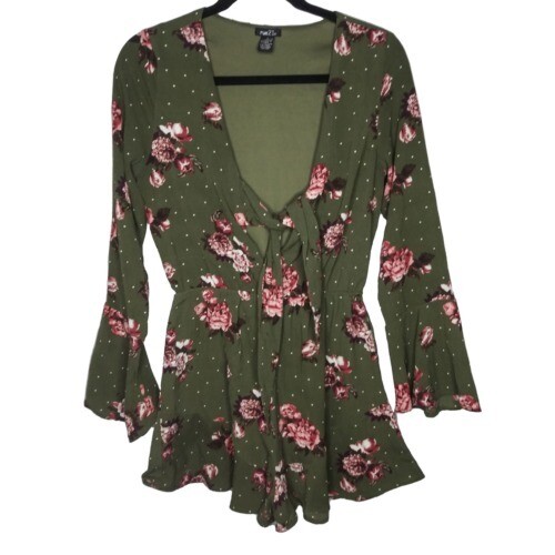 Rue 21 Floral Romper Womens Medium Olive Green Pink Ruffle Bell Sleeve Festival
