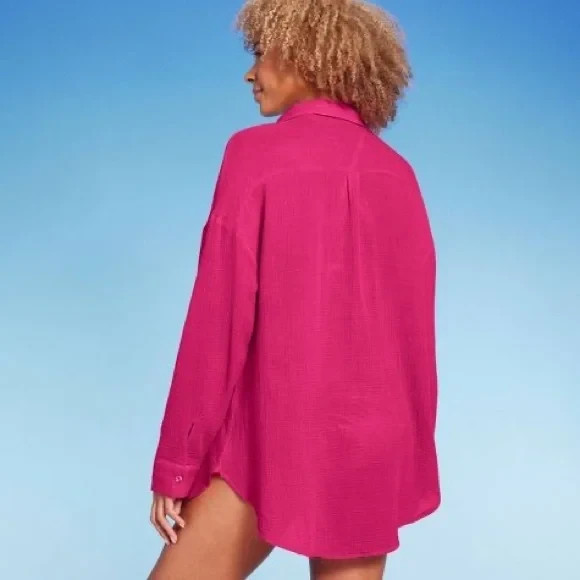 S Shade & Shore Women's Pink Long Sleeve Button Up Gauze Cover Up Shirtdress S