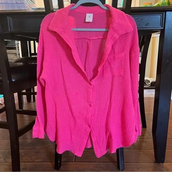 S Shade & Shore Women's Pink Long Sleeve Button Up Gauze Cover Up Shirtdress S