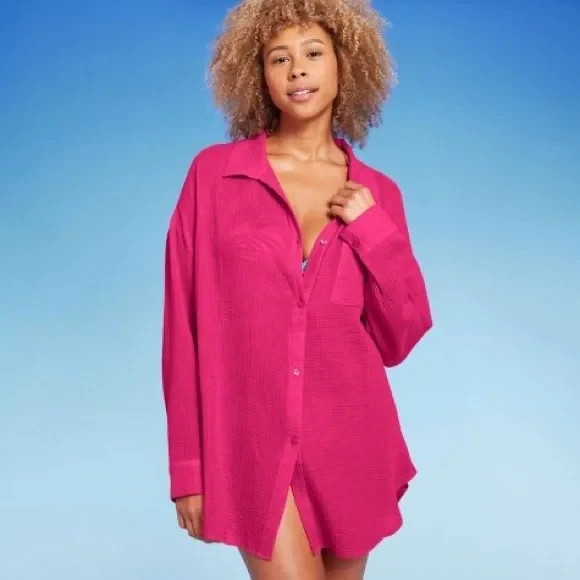 S Shade & Shore Women's Pink Long Sleeve Button Up Gauze Cover Up Shirtdress S