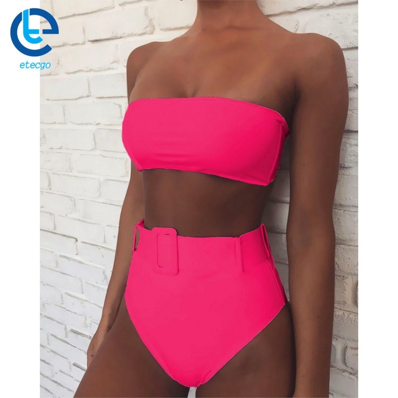 S Women Girls Sexy Swimwear Pink High-Waisted Summer Beach Two-Piece Swimsuit