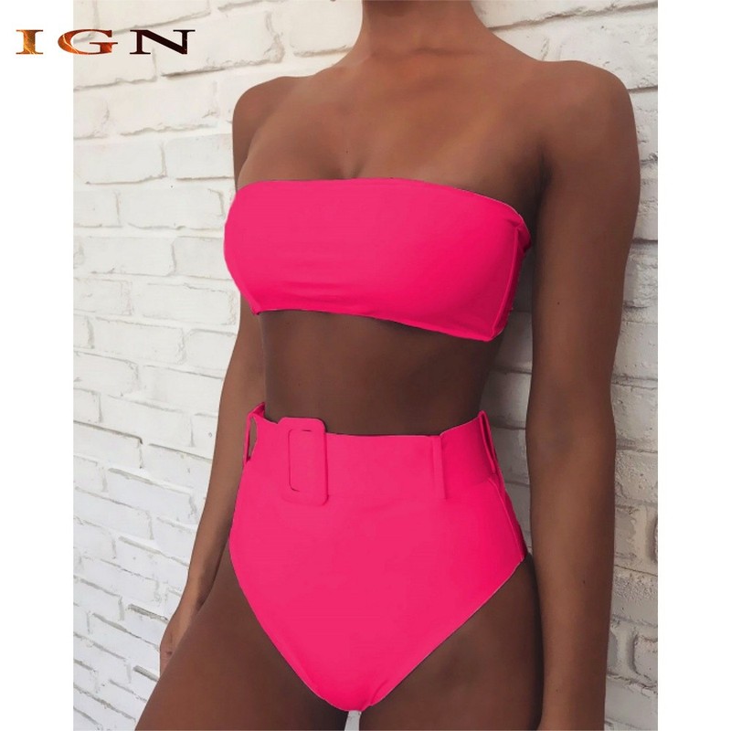 S Women Girls Sexy Swimwear Pink Summer Beach Two-Piece Swimsuit High-Waisted
