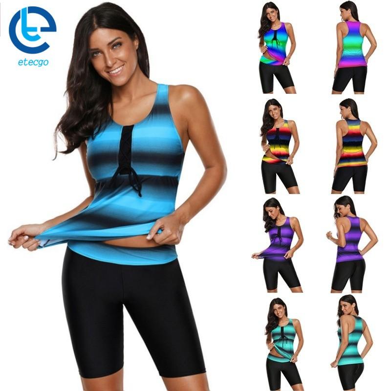 S Womens Girls Sexy Swimwear Striped Tankini Summer Swimsuit Gradient Color