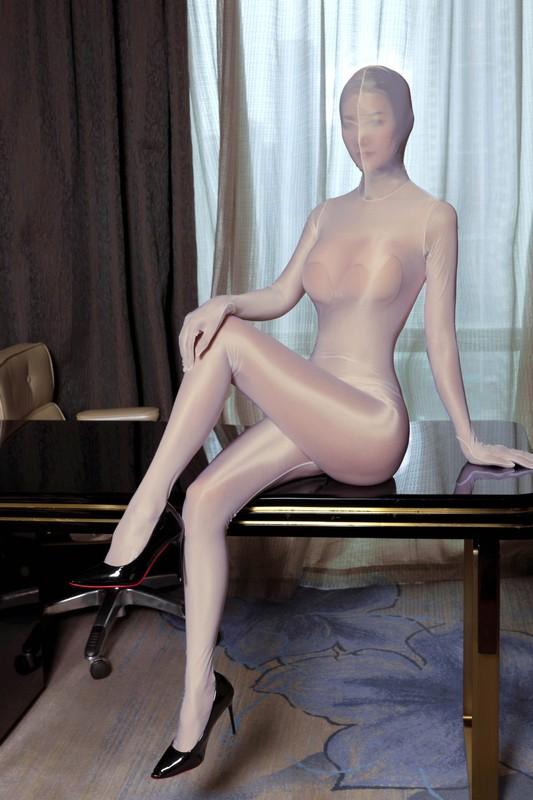 S-XL Sheer Satin Shiny Full Bodystocking Back Zipper Hooded Jumpsuit With Gloves