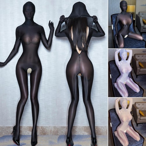 S-XL Sheer Satin Shiny Full Bodystocking Back Zipper Hooded Jumpsuit With Gloves